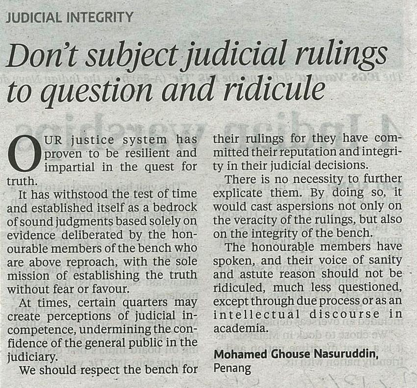 12 Mac 2015 Dont subject judicial rulings to question and ridicule NST