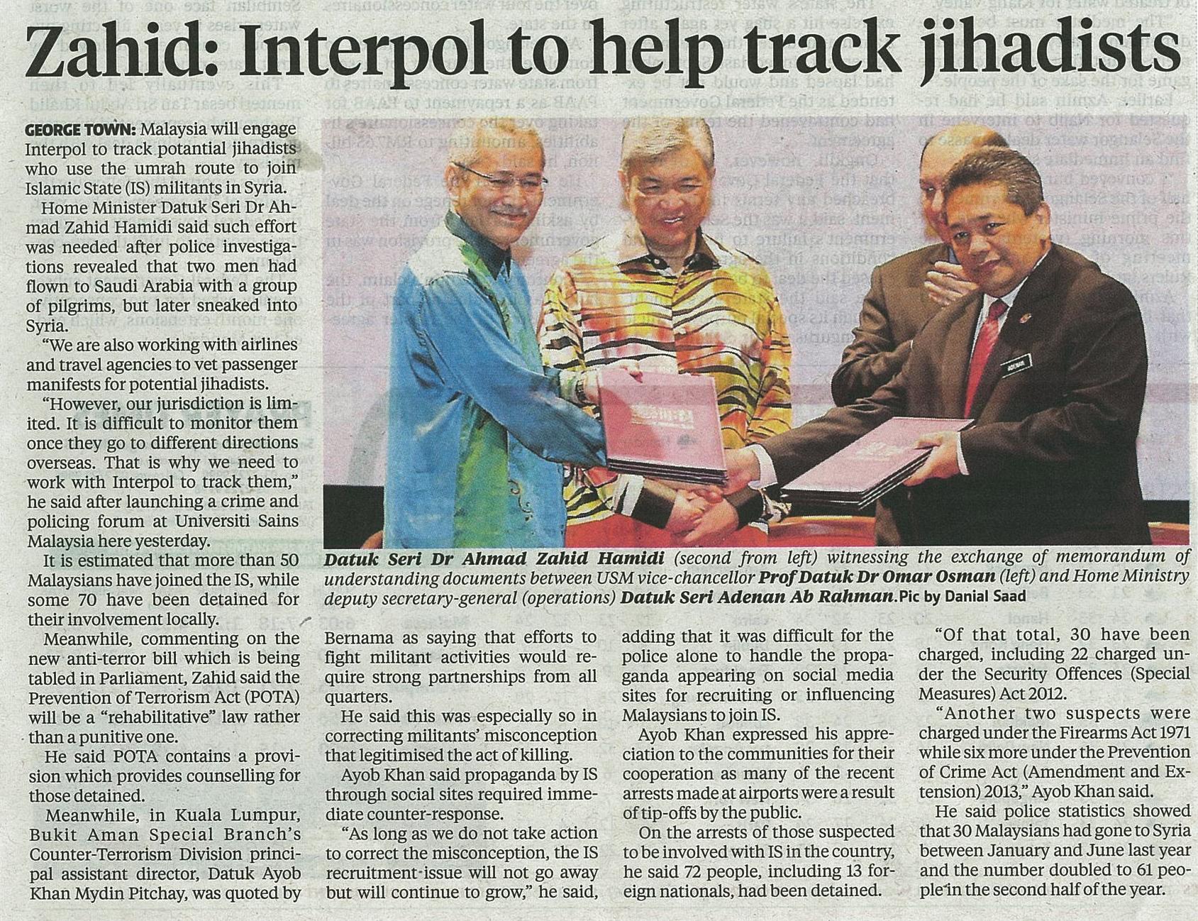 13 Mac 2015 Zahid Interpol to help track jihadists NST