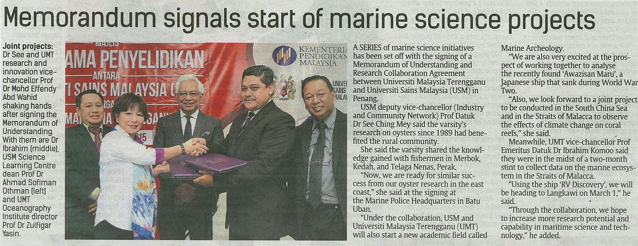 14 Februari 2015 Memorandum signals start of marine scienve projects The Star