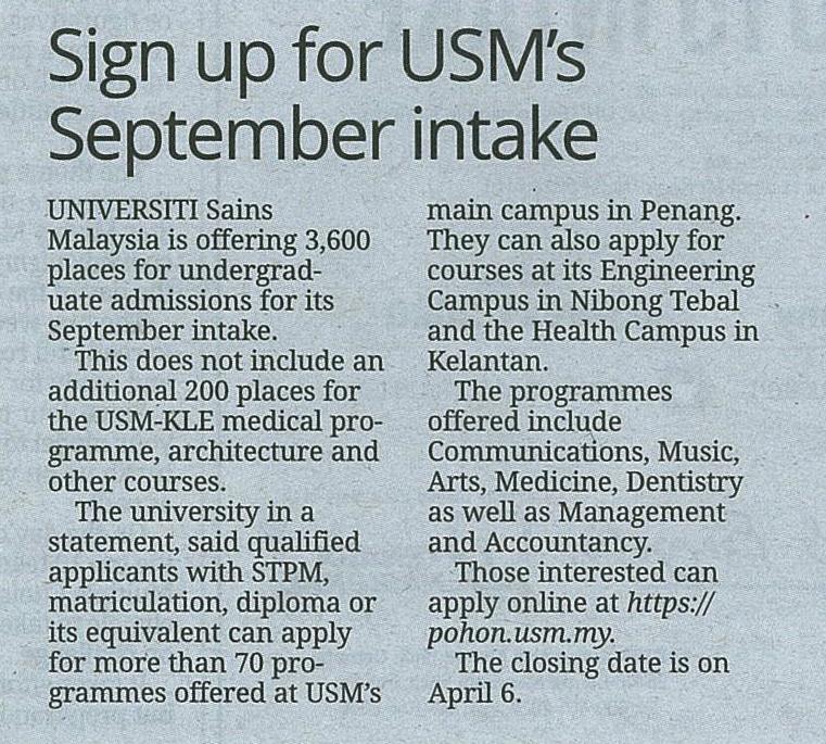 15 Mac 2015 Sign up for USMs September intake Sunday Star