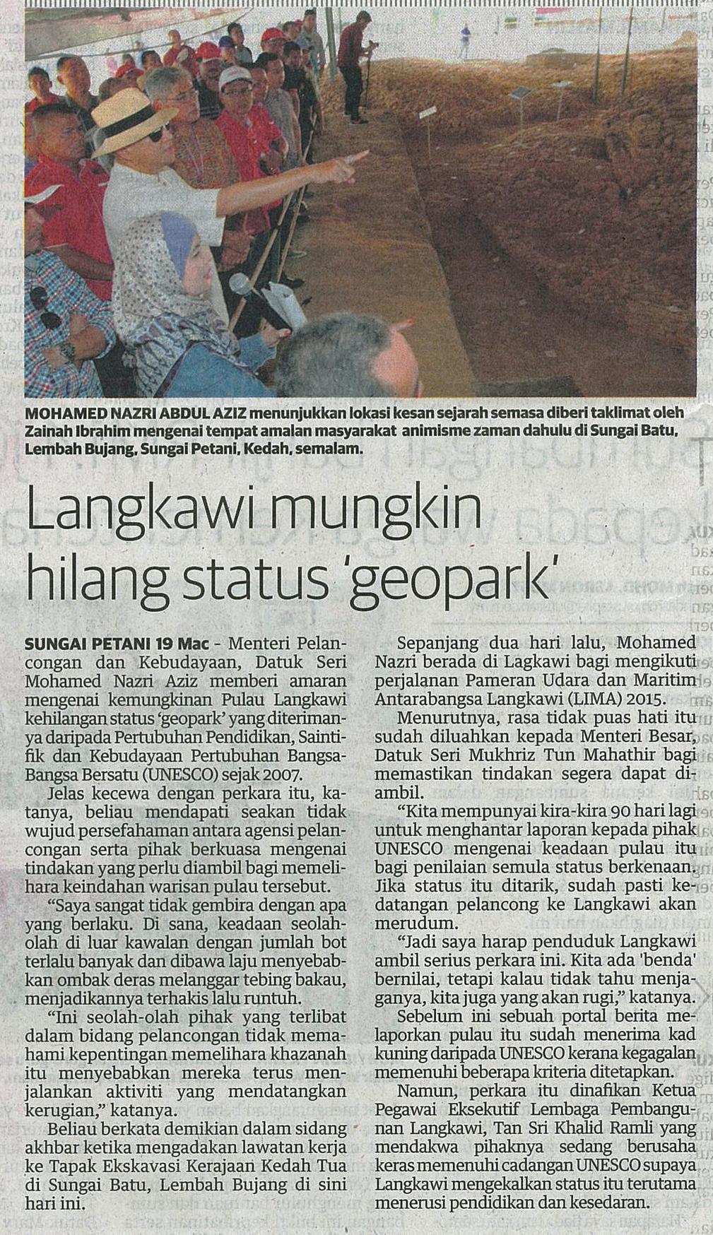 20 Mac 2015 Langkawi mungkin hilang status geopark Utusan