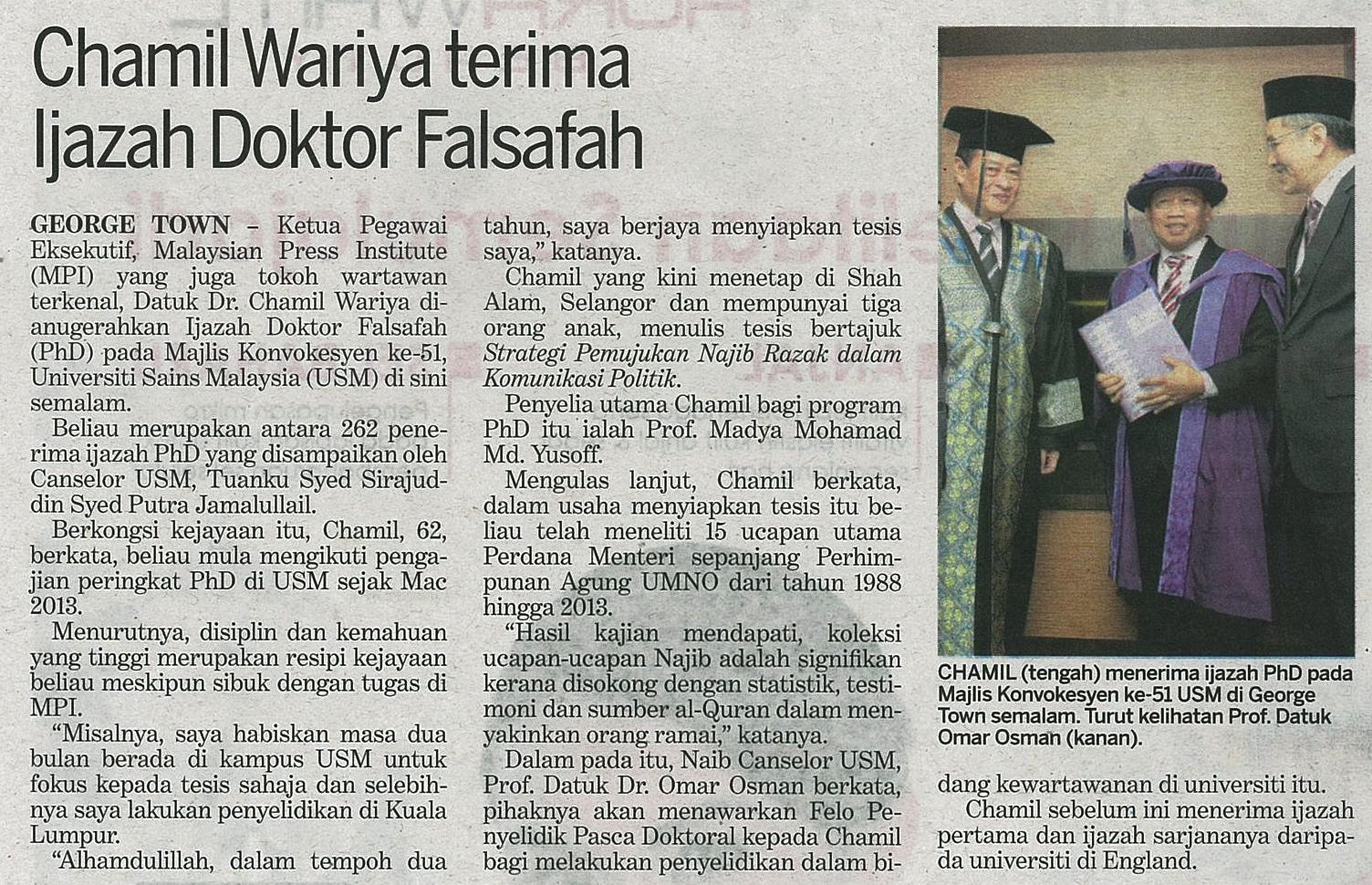 26 April 2015 Chamil Wariya terima Ijazah Doktor Falsafah Kosmo