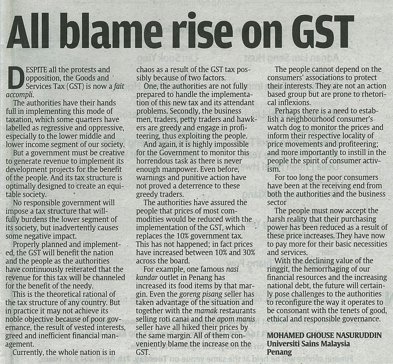 6 April 2015 All blame rise on GST The Star