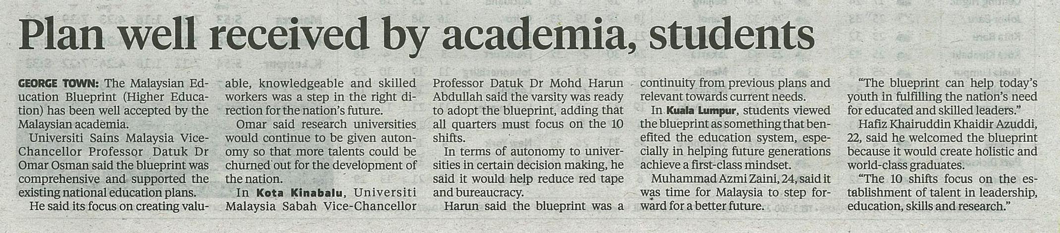 8 April 2015 Plan well received by academia students NST
