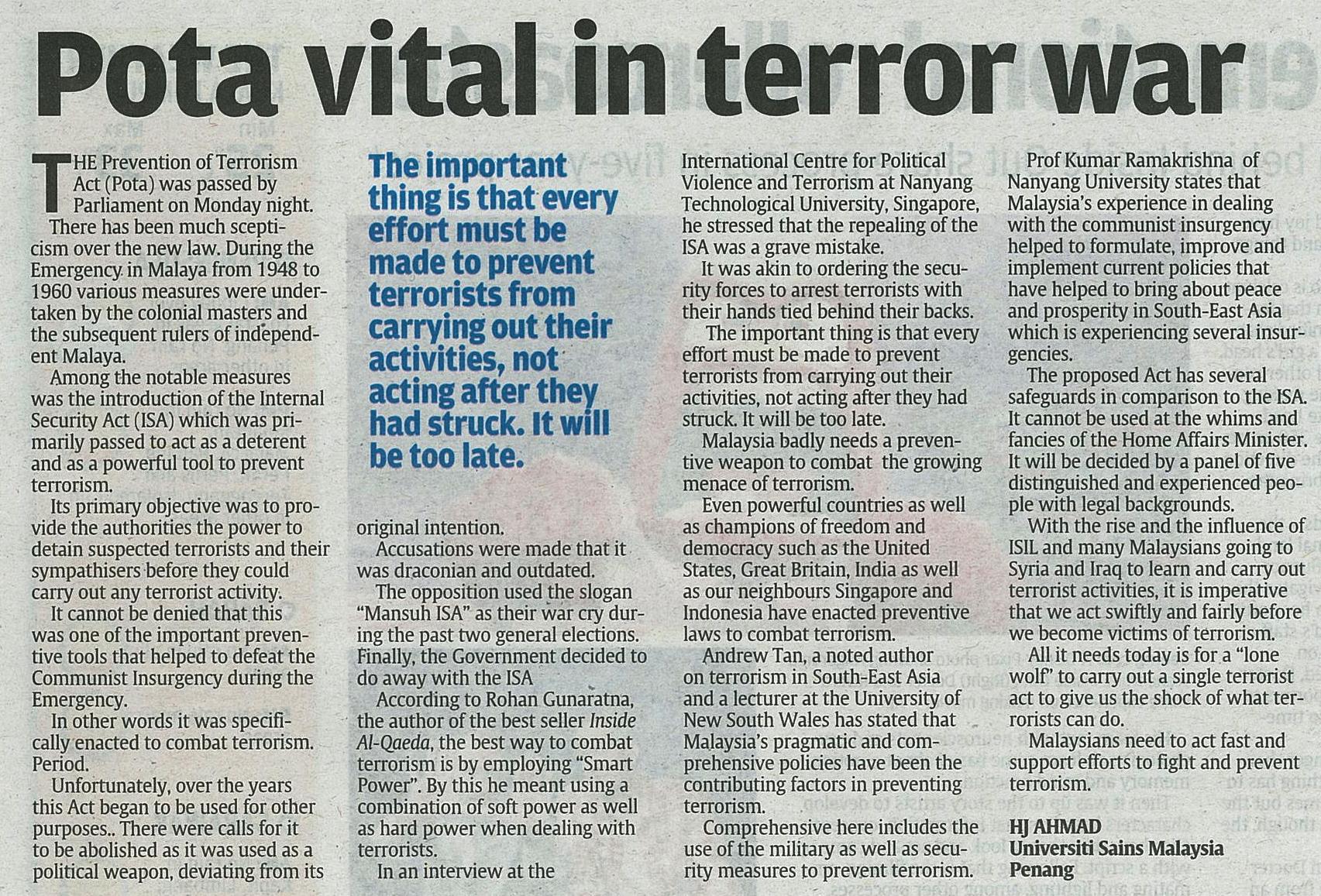 8 April 2015 Pota vital in terror war The Star