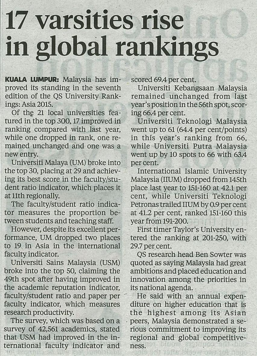 10 Jun 2015 17 varsities rise in global rankings NST