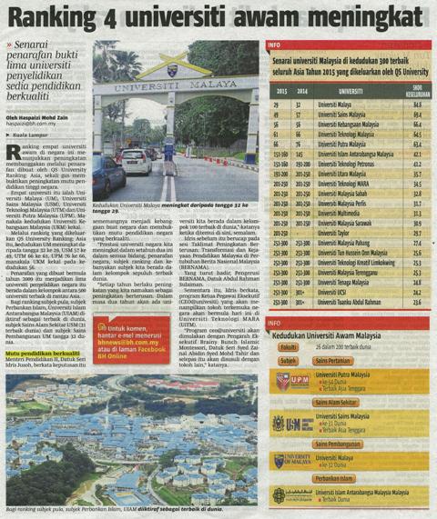 10 Jun 2015 Ranking 4 universiti awam meningkat B.Harian1