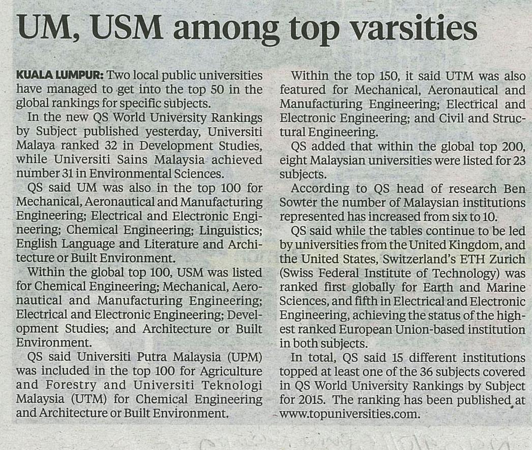 29 April 2015 UM USM among top varsities NST