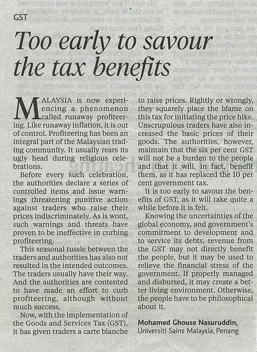 30 April 2015 Too early to savour the tax benefits NST