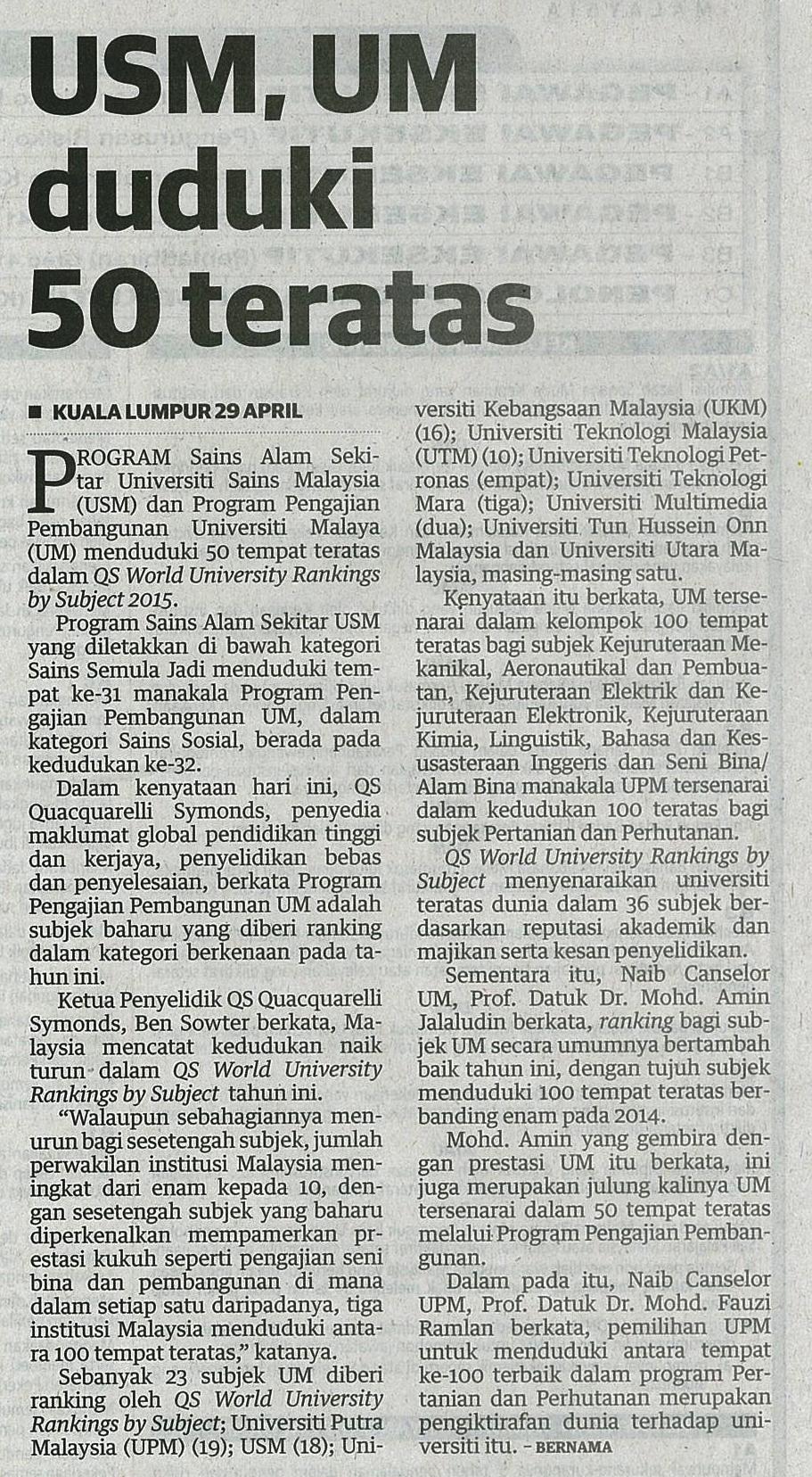 30 April 2015 USM. UM duduki 50 teratas Utusan