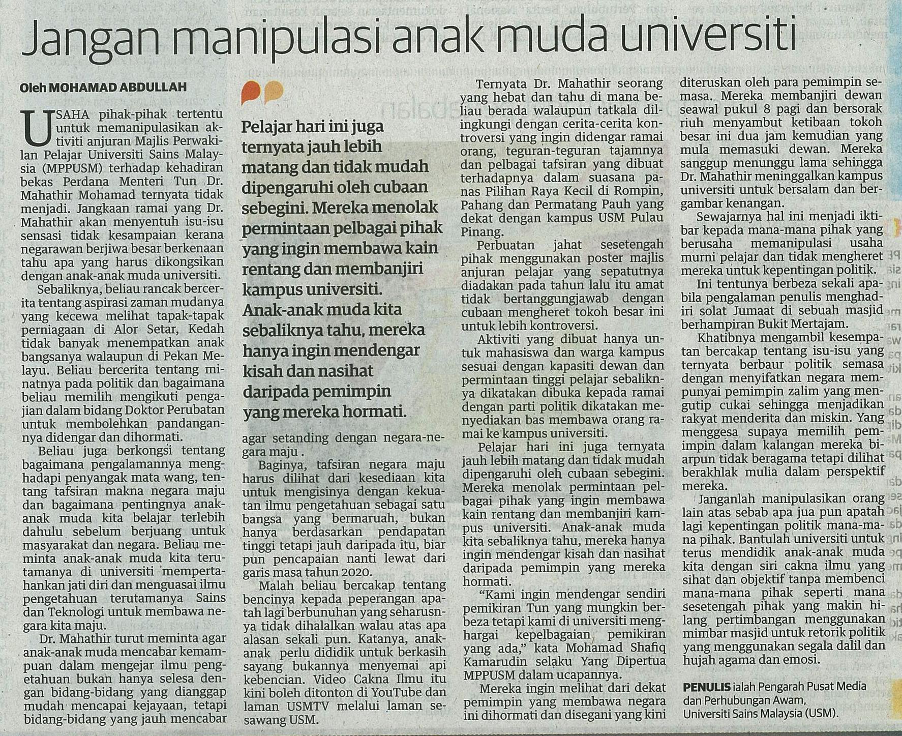 5 Mei 2015 Jangan manipulasi anak muda universiti Utusan