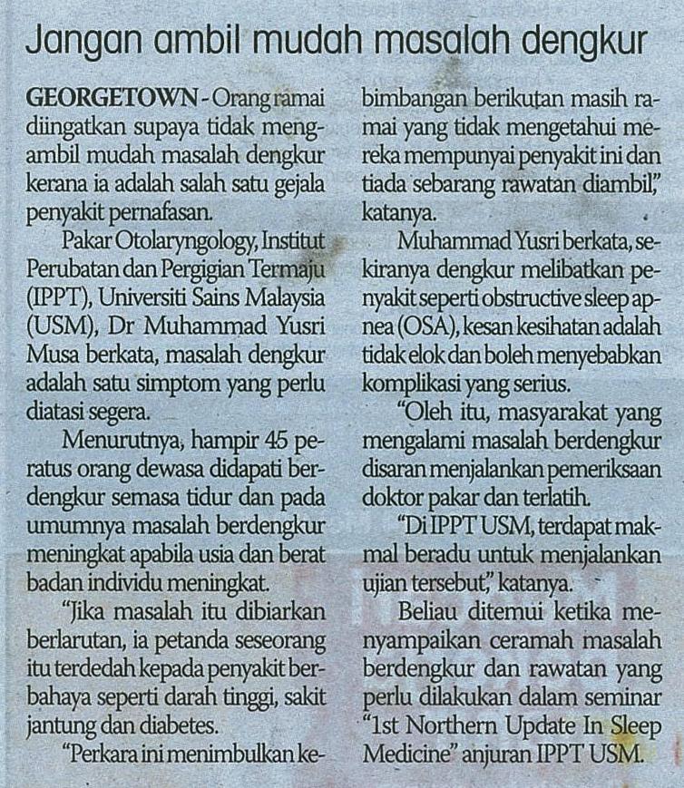 8 Mei 2015 Jangan ambil mudah masalah dengkur S.Harian